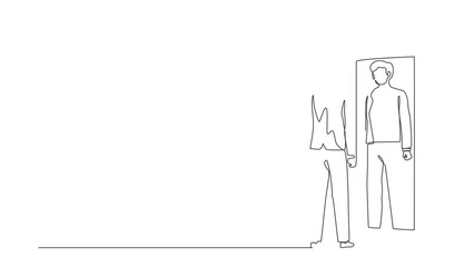 Poster - self drawing animation of single line draw businessman looks himself in mirror. clerk or manager loo