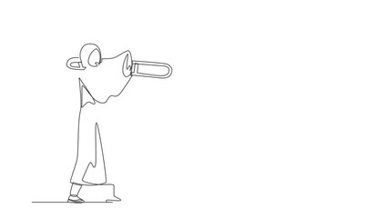 Wall Mural - Self drawing animation of single line draw Arabian trombone player. Performer play wind instrument. Music artist girl. Musician play trumpet. Classic music event. Continuous line. Full length animated