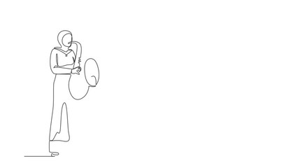 Poster - Animated self drawing of continuous line draw Arabian saxophonist. Jazz musician, woman plays saxophone. Female performer in festival jazz music, jazz performances. Full length single line animation
