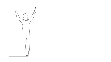 Poster - Animated self drawing of continuous line draw back view Arab woman conductor performing, female musician in tuxedo directing classic instrumental symphony orchestra. Full length one line animation