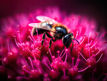 A Bee In The Middle Of A Pink Flower, With Its Head Resting On It's Back And Eyes Closed. Generative Ai