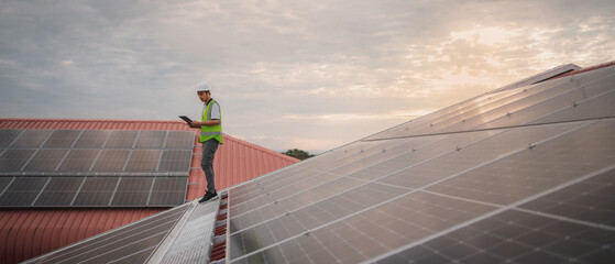 Wall Mural - a service engineer checks a solar cell that is mounted on the roof to see if there is a damaged comp