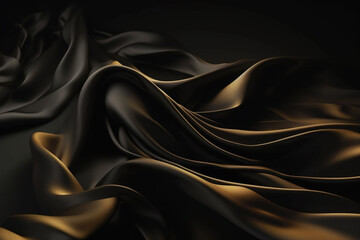 black and golden matte wind blowing flying silk clothe background with copy space. generative ai
