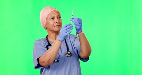 Wall Mural - Green screen, doctor and Muslim woman with syringe for medicine, medical treatment and vaccine in studio. Healthcare, chromakey and female worker with needle for wellness, medication and injection