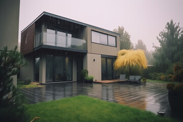 Modern villa design concept with parking space on the front, rainy day mood