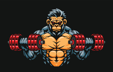 Gorilla fitness or gym dumbbells illustration, gorilla lifting dumbbells illustration. gorilla mascot character
