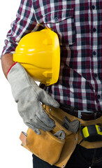Poster - Digital png photo of mid section of caucasian builder with yellow helmet on transparent background