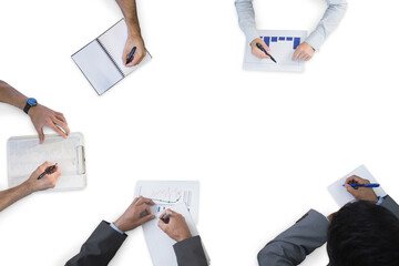 Poster - Digital png photo of hands of diverse business people making notes on transparent background