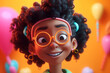 Cool pretty smiling black girl with curly hairstyle and glasses on party, children birthday concept. Cheerful cute African American child on holiday. Volumetric doodle illustration of Generative AI