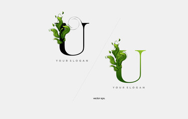 u Leaf Letter Logo Icon Design in Green Colors. u logo with leaf element, letter u with the concept of green leaves, Eco Bio Letter Design Vector Illustration.