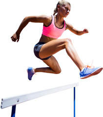 Wall Mural - Digital png photo of fit caucasian woman hurdle jumping on transparent background