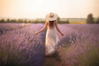 a woman in a white dress and straw hat walking through a lavender field at sunset with the sun behind her. Generative Ai