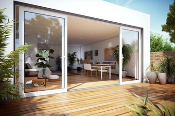 Poster - Aesthetic  home entrance with large glass sliding doors with lots of copy space, generative AI