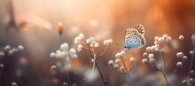 Field Of Daisies In Golden Rays Of The Setting Sun In Spring Summer Nature With An Orange Butterfly Outdoors, AI Generated