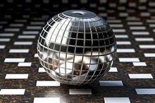  A Disco Ball Sitting On Top Of A Black And White Checkered Tablecloth With A Black And White Checkerboard Pattern On The Floor.  Generative Ai