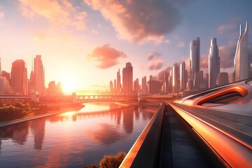 Wall Mural -  the sun is setting over a city with a river running through the middle of it and a bridge in the middle of the picture,.  generative ai