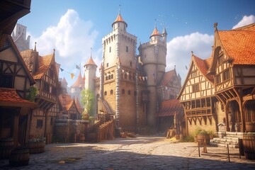  a computer generated image of a medieval town with a castle in the middle of the town and a lot of people walking around the town.  generative ai