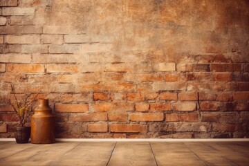 Poster -  a brown vase sitting on top of a wooden floor next to a brick wall with a plant in it and a vase on the side of the wall.  generative ai