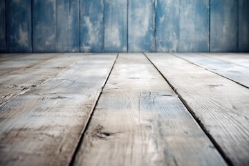 Poster -  a wooden floor with a blue wall in the background and a wooden floor in the foreground with a wooden floor in the foreground.  generative ai