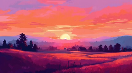 Wall Mural - a painting of a sunset over a field with a house in the distance and trees in the foreground, and th