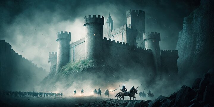 storming of medieval castle fortress siege of city chaos. generative ai aig15.