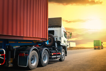 Wall Mural - Semi Trailer Trucks Driving on Highway Road with The Sunset. Shipping Container Trucks. Commercial Truck Transport, Delivery Express. Diesel Lorry Tractor. Freight Trucks Logistics, Cargo Transport.