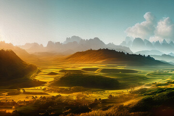 Wall Mural - Mountain valley during sunrise. Natural summer landscape