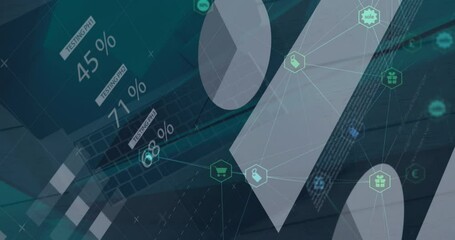 Poster - Animation of connected icons over infographic interface against overhead view of desktop