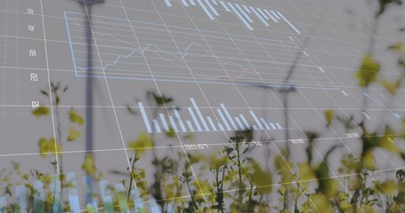 Poster - Animation of multiple graphs, changing numbers, loading circle over plantation against windmills