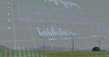 Poster - Animation of multiple graphs, changing numbers, loading circle over windmill on green field