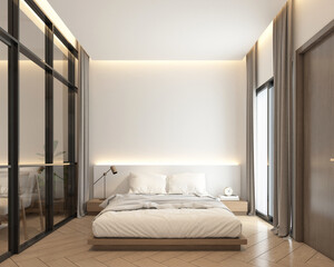 Wall Mural - Modern japan style tiny room decorated with white bed and wood floor glass wall and light gray curtains. 3d rendering