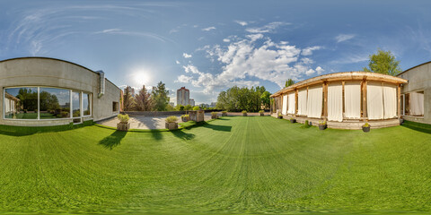 Wall Mural - spherical 360 hdri panorama place for relaxation and yoga on roof of building with green grass in eq