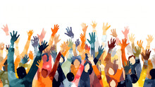AI Generated: Crowd Of Happy People Group, Welcoming And Applauding. Active Fans Audience With Hands Up Standing Together. Young Men And Women Yelling At Event. Flat Vector Illustration Isolated On Wh