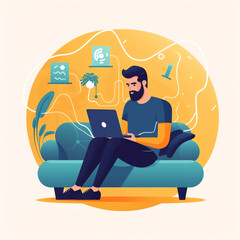 Aufkleber - ai generated: man with laptop on the sofa. freelance or studying concept. cute illustration in flat 
