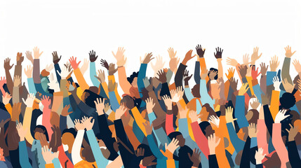 AI generated: Crowd of happy people group, welcoming and applauding. Active fans audience with hands up standing together. Young men and women yelling at event. Flat vector illustration isolated on wh