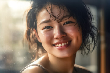 The golden light gracefully illuminates the face of a beautiful young Asian girl, highlighting her natural beauty and evoking a sense of warmth and serenity in the image. generative AI.