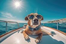 Yacht Life: A Dog On A Boat Wearing Sunglasses In The Sunlight. Generative AI.