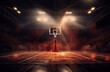a basketball court lit up with spotlights and backboard, in the style of photobashing, light crimson, poster