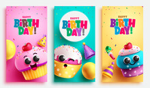 Happy Birthday Text Vector Poster Design. Birthday Greeting Collection In Empty Space With Cup Cake Characters Elements. Vector Illustration Invitation Card Background.