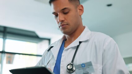 Aufkleber - Doctor, research and tablet for healthcare, medical and medicine or health insurance. Male worker in hospital for internet connection, professional care and telehealth advice or support on mobile app