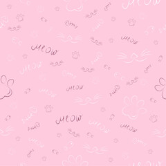 Vector illustration. Cute seamless pattern in a pink color with cats paw prints, fish, for textiles, pet shop websites, and prints, social media posts, animal product design, wallpapers