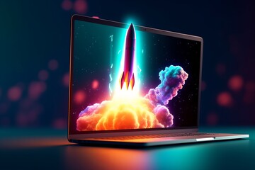 Wall Mural - Neon-Lit Startup: Rocket Illustration Bursting from Laptop Screen, Generative AI.