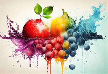 fruits with water with watercolour style Generative AI