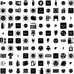 Wall Mural - Collection Of 100 Adapter Icons Set Isolated Solid Silhouette Icons Including Electric, Device, Electricity, Technology, Adapter, Plug, Power Infographic Elements Vector Illustration Logo