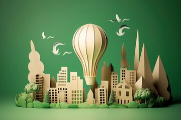 Paper cut of light bulb with green eco city , Renewable energy by 2050 Carbon neutral energy or greenhouse gas emission CO2 , Save energy creative idea concept , Generative Ai