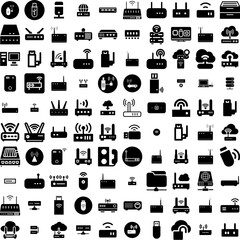 Collection Of 100 Modem Icons Set Isolated Solid Silhouette Icons Including Internet, Router, Modem, Digital, Connection, Technology, Wireless Infographic Elements Vector Illustration Logo