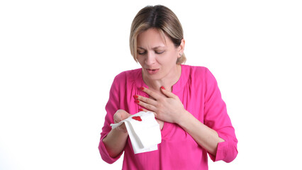 Sick woman coughing up blood and surprised on white background. Symptoms of tuberculosis and lung cancer concept