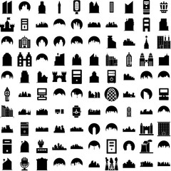 Wall Mural - Collection Of 100 Tower Icons Set Isolated Solid Silhouette Icons Including Famous, Tower, Tourism, Travel, Landmark, Architecture, Europe Infographic Elements Vector Illustration Logo