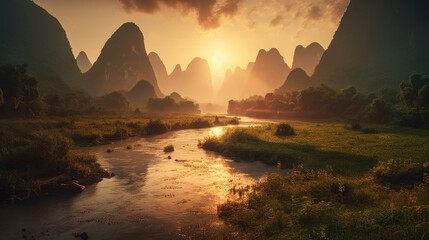 Wall Mural - An idyllic sunset over rice fields