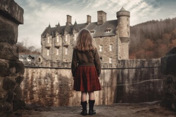 Wall Mural - Scot cute girl scottish castle. Generate Ai